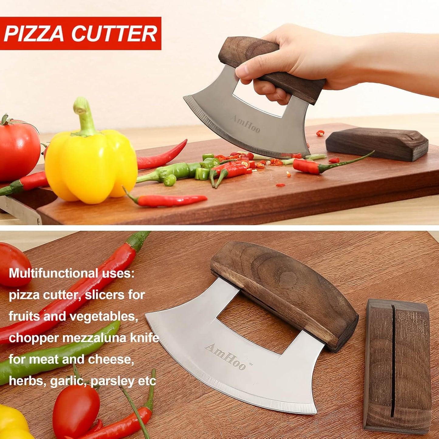 Amhoo Pizza Cutter Chef Mezzaluna Ulu Knife Handle Color Wood Grip Sharp Rocker Slicer Stainless Steel Blade Salad Onion Vegetable Chopper with Holder Base Christmas Gifts