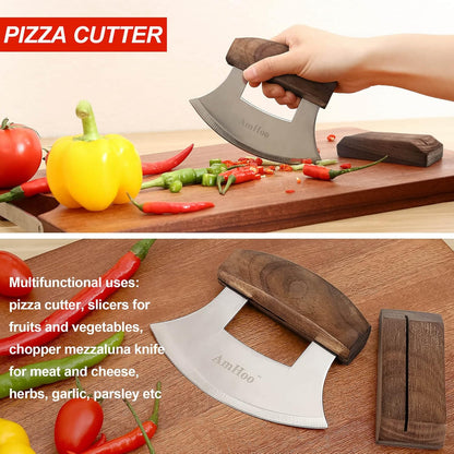 Amhoo Pizza Cutter Chef Mezzaluna Ulu Knife Handle Color Wood Grip Sharp Rocker Slicer Stainless Steel Blade Salad Onion Vegetable Chopper with Holder Base Christmas Gifts