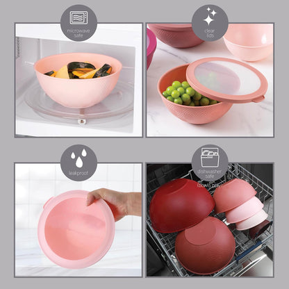 COOK WITH COLOR Mixing Bowls with Lids - 12 Piece Plastic Nesting Bowls Set includes 6 Prep Bowls and 6 Lids, Microwave Safe Mixing Bowl Set, Black Embossed - Colors B