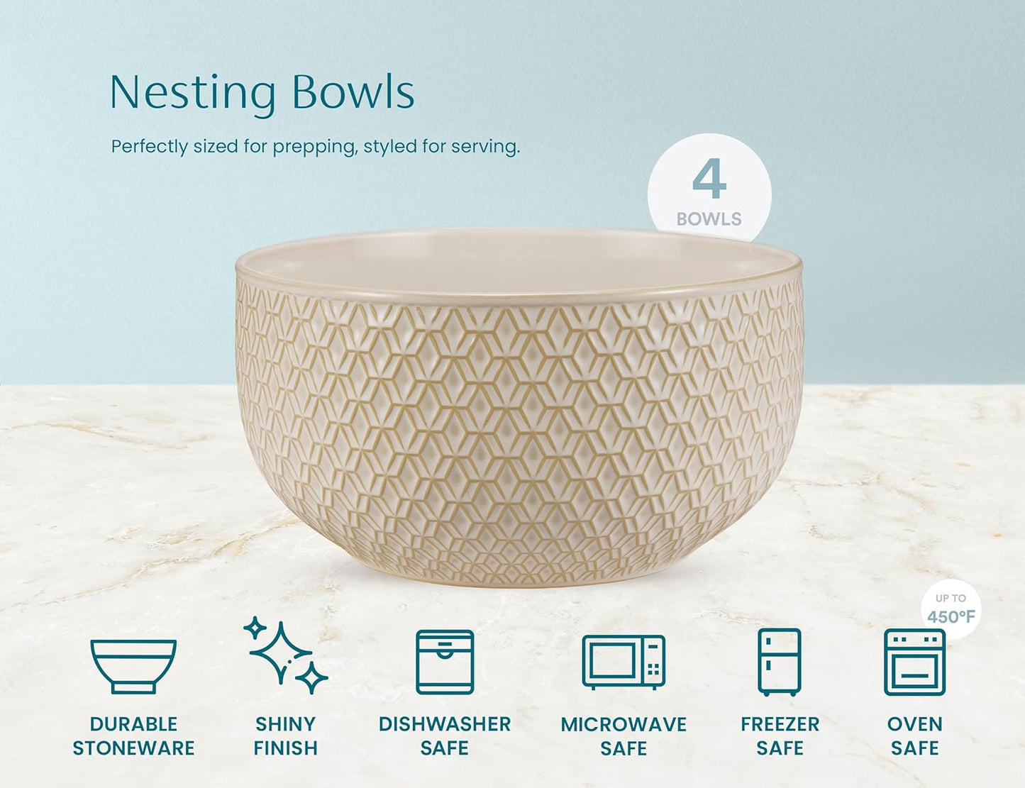 KooK Ceramic Mixing Bowls, Nesting Set of 4, Embossed Kitchen Dishware, Prep, Serving, Gift, Microwave and Dishwasher Safe, 20/44/98/145 oz, Narbonne Collection (Ivory)