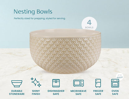 KooK Ceramic Mixing Bowls, Nesting Set of 4, Embossed Kitchen Dishware, Prep, Serving, Gift, Microwave and Dishwasher Safe, 20/44/98/145 oz, Narbonne Collection (Ivory)