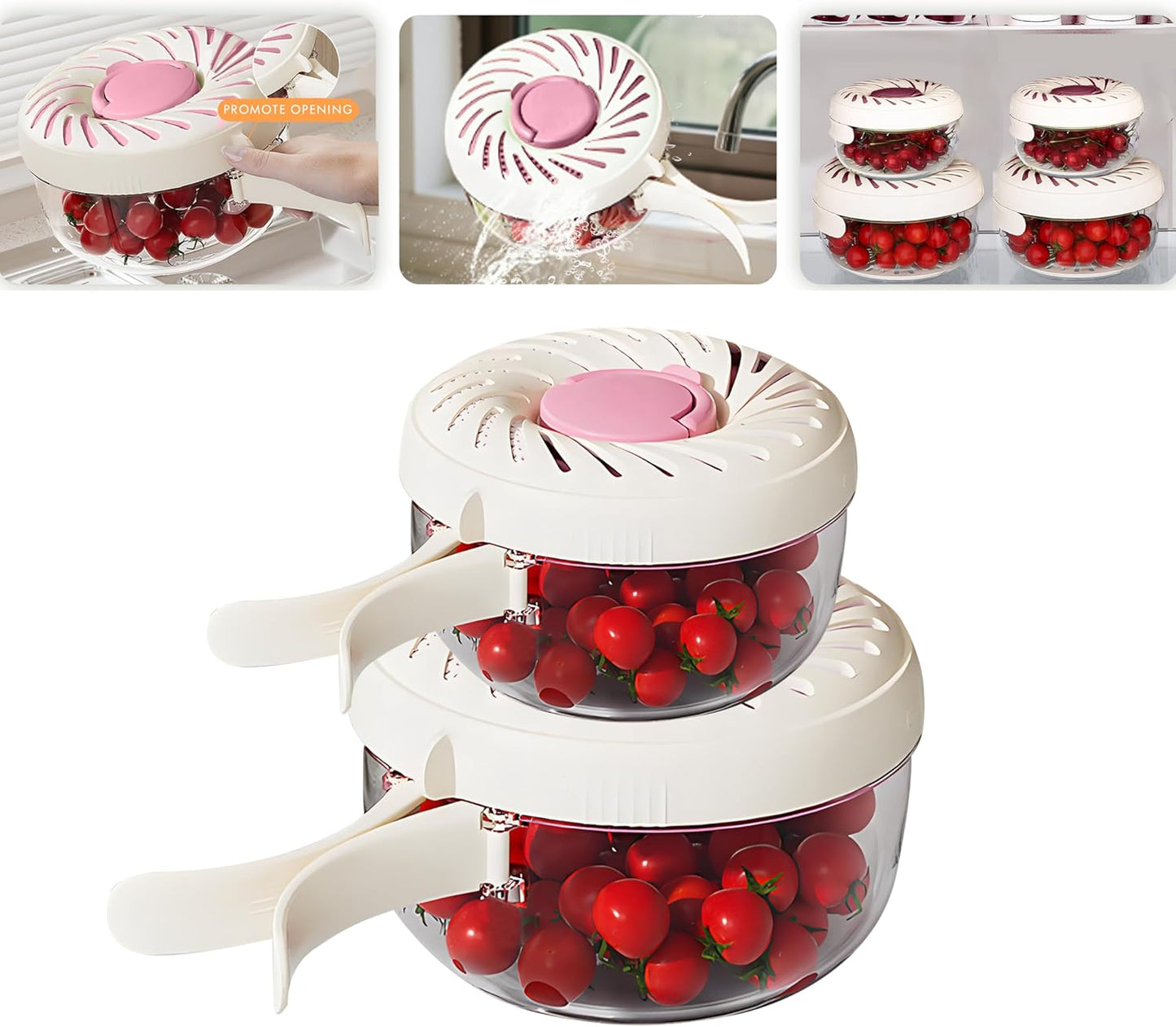 Upgraded Fruit Washing Bowl with Strainer,BPA-Free Drain Basket for Lid & Ice Compartment,Multifunctional Fruit Washer,Foldable Handle Strainer and Colander for Fridge Storage or Picnic Camping(1 QT)
