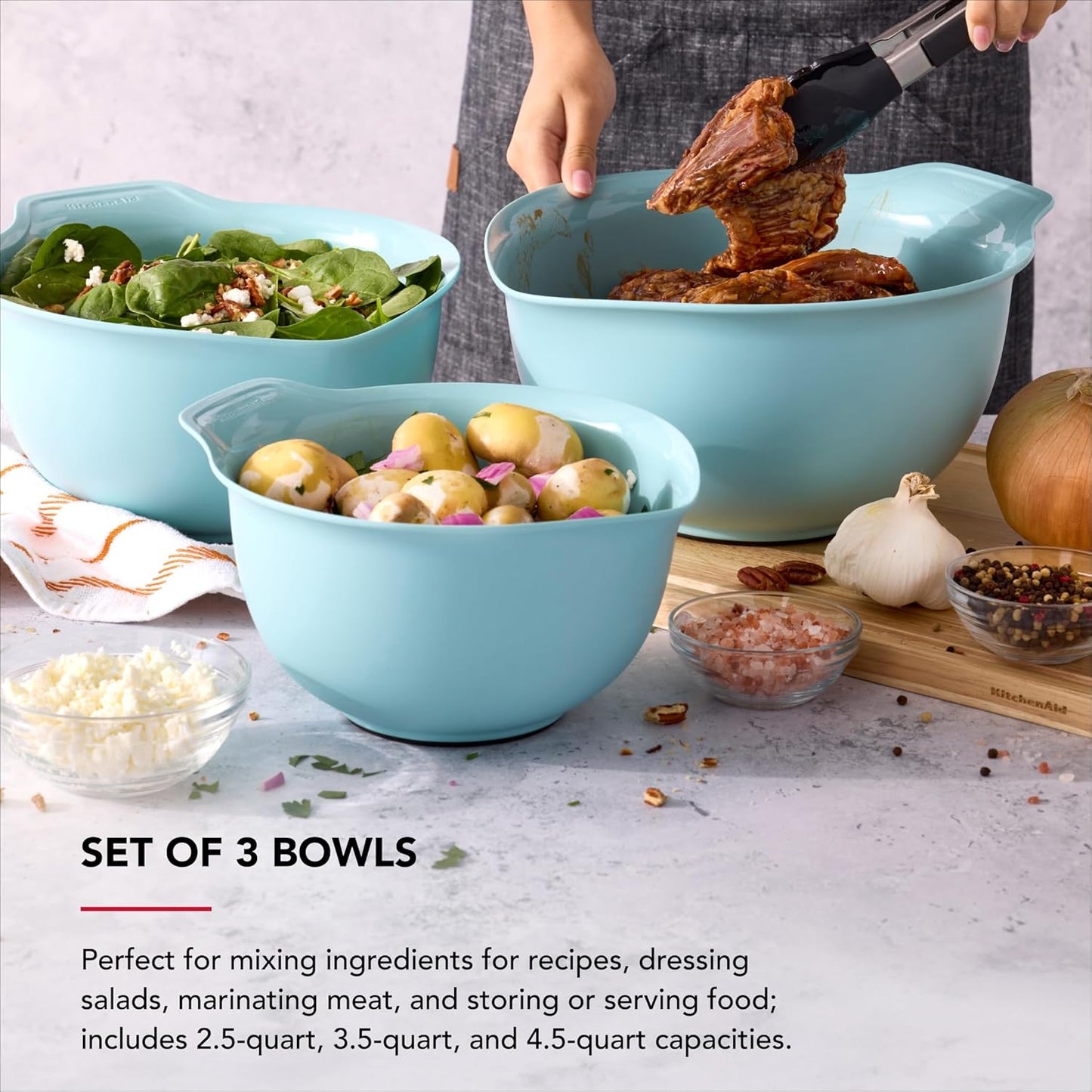 KitchenAid Universal Nesting Plastic Mixing Bowls, Set Of 3, 2.5 quart, 3.5 quart, 4.5 quart, Non Slip Base with Easy Pour Spout to Reduce Mess, Dishwasher Safe, Aqua Sky, White, Gray