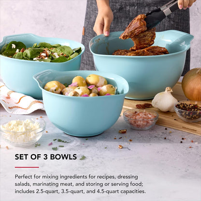 KitchenAid Universal Nesting Plastic Mixing Bowls, Set Of 3, 2.5 quart, 3.5 quart, 4.5 quart, Non Slip Base with Easy Pour Spout to Reduce Mess, Dishwasher Safe, Aqua Sky, White, Gray