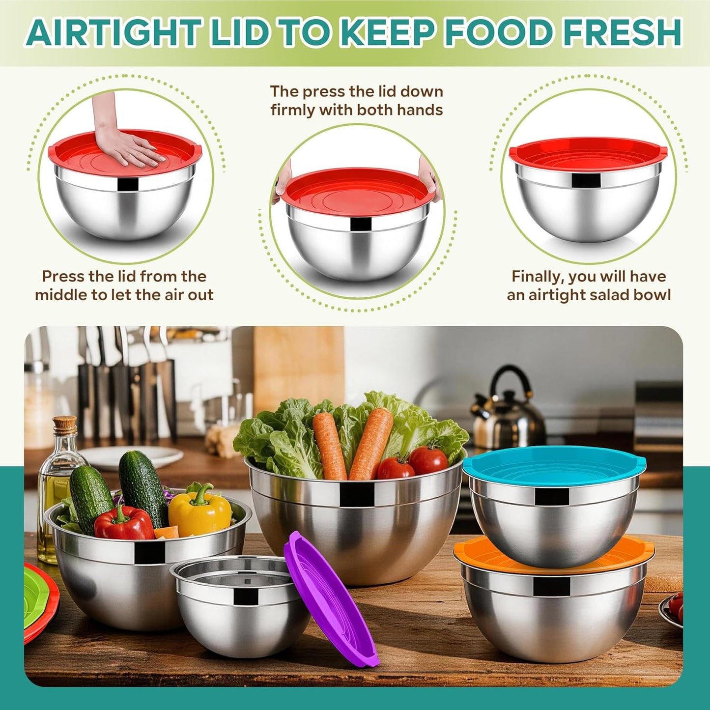 E-far Mixing Bowls with Lids, 6-Piece Stainless Steel Salad Bowls Metal Nesting Bowls for Baking Cooking and Prepping, Airtight Lids & Stackable Design, Size 4.5, 3, 1.5 QT (Black)