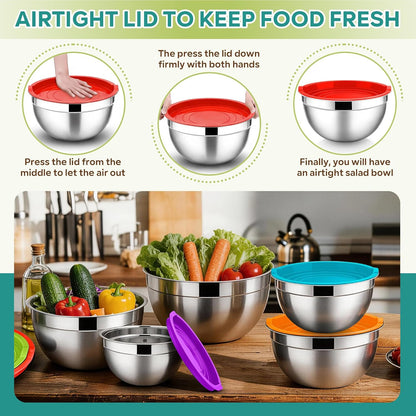 E-far Mixing Bowls with Lids, 6-Piece Stainless Steel Salad Bowls Metal Nesting Bowls for Baking Cooking and Prepping, Airtight Lids & Stackable Design, Size 4.5, 3, 1.5 QT (Black)