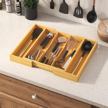 Lifewit Utensil Organizer for Kitchen Drawer, Expandable Cooking Utensil Tray, Cutlery Silverware Flatware Holder, Wood Adjustable Spatula Tools Storage Divider, 8.9-15.8 x 15.75, Natural