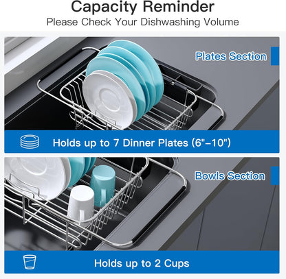 JASIWAY Roll Up Dish Drying Rack, Expandable (12.8"-23.8" D x 12.8" W) Stainless Steel Portable Drainer for Kitchen Sink Counter, Foldable Over The Sink Cover with Removable Utensil Holder