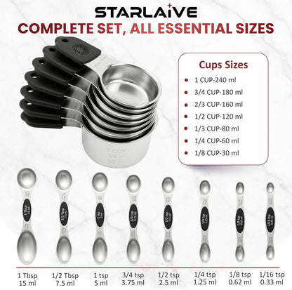 Magnetic Measuring Cups and Spoons Set of 16, 304 Stainless Steel with Multicolor Silicone Handles, 7 Cups, 8 Double-Sided Spoons and Leveler, Laser-Engraved, Stackable, Dishwasher Safe for Baking