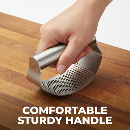 Zulay Kitchen Premium Garlic Press Set - Rust Proof Professional Garlic Mincer Tool - Easy-Squeeze, Easy-Clean with Soft, Ergonomic Handle - Silicone Garlic Peeler & Brush (Silver)