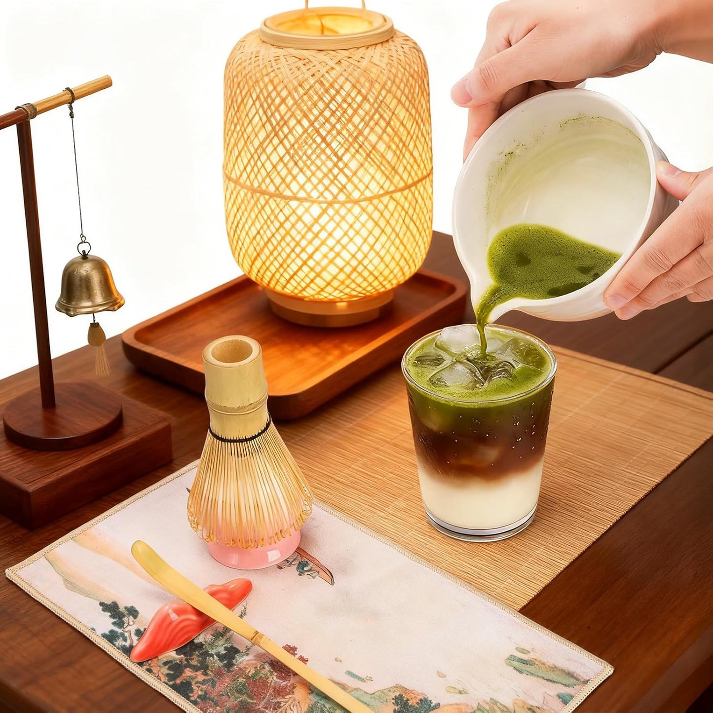 8 Pack Matcha Whisk Set, Japanese Matcha Tea Set, Ceramic Mixing Bowl with Spout, Bamboo Measuring Spoon and Scoop Stand, Towel, Whisk Holder, Stainless Sifter, Gift for Beginner, Tea Ceremony