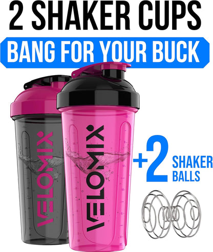 VELOMIX -2 Pack- 28 oz Protein Shaker Bottles for Protein Mixes - 2x Wire Whisk | Leak Proof Shaker Cups for Protein Shakes | Protein Shaker Bottle Pack (Black/Transparent)
