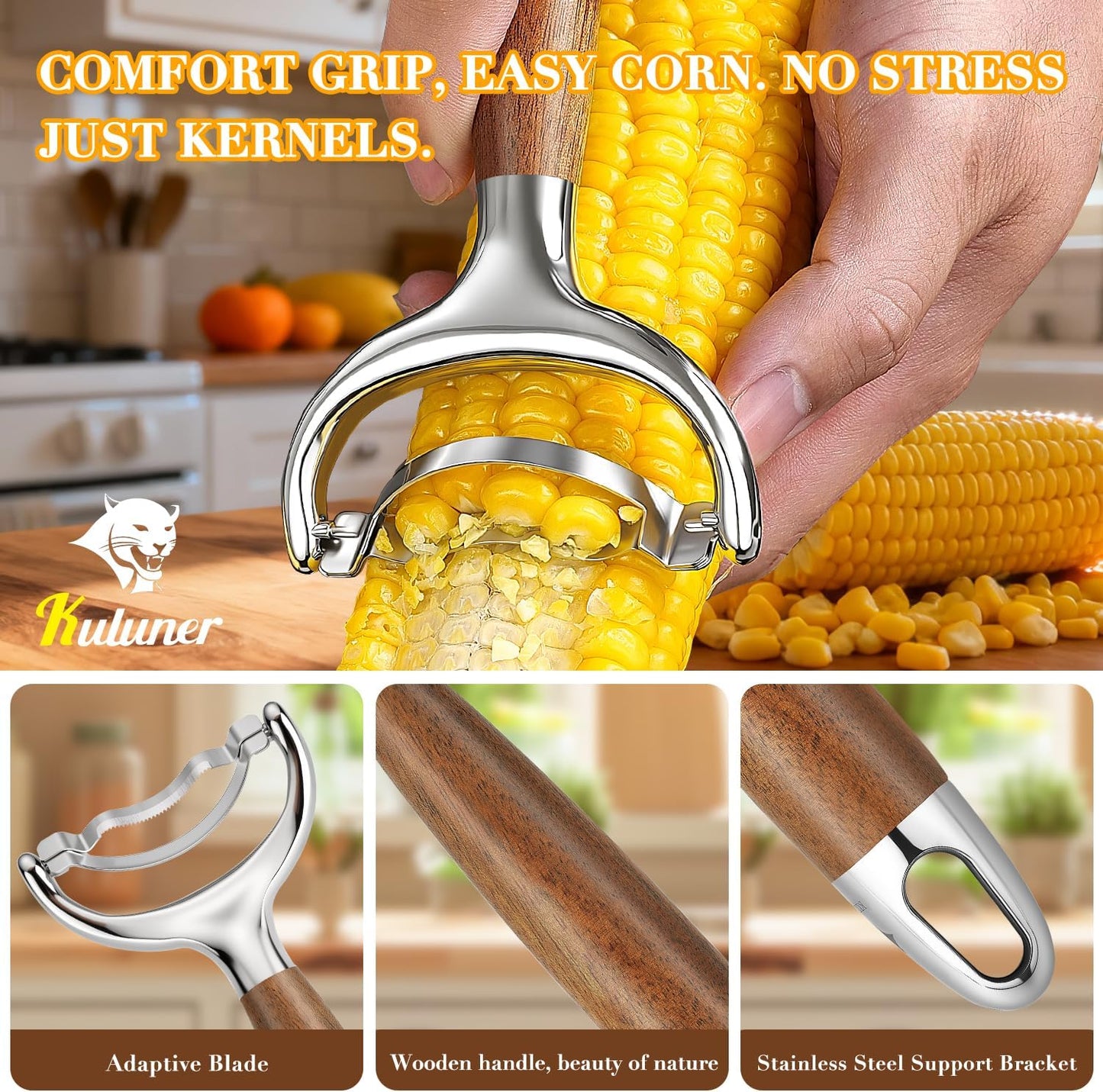 KULUNER Durable Stainless Steel Corn Peeler with Polished Wood Handle Corn on the Cob Stripper Kernel Remover Easy Use Corn Kernel Cutter Kitchen Gadget（Rosewood）