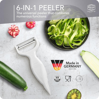 Borner 6-in-1 Fruit and Vegetable Peeler with Stainless Steel Double-Edged Blade, Multi function with Corer, Potato Eye Remover and Mini Grater, Made in Germany, Purple