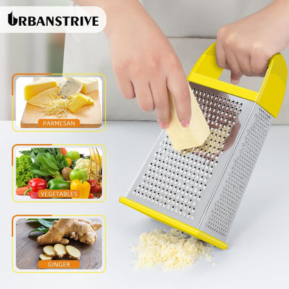 Urbanstrive Cheese Grater With Container, Professional Cheese Grater with Handle, Stainless Steel Graters for Kitchen Handheld, Box Grater with 4 Sides for Vegetables, Ginger, Potatoes (Blue)
