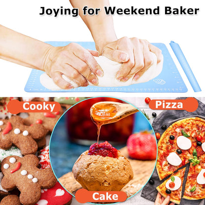 Rolling Pin Silicone Baking Pastry Mat Set,Pizza Dough Roller Baking Mat for Rolling Dough Non Slip Extra Large with Measure,Kitchen Counter Mat for Pie,Crust,Cookies,Bread,Pastries,Pasta, 15.7" x 24"