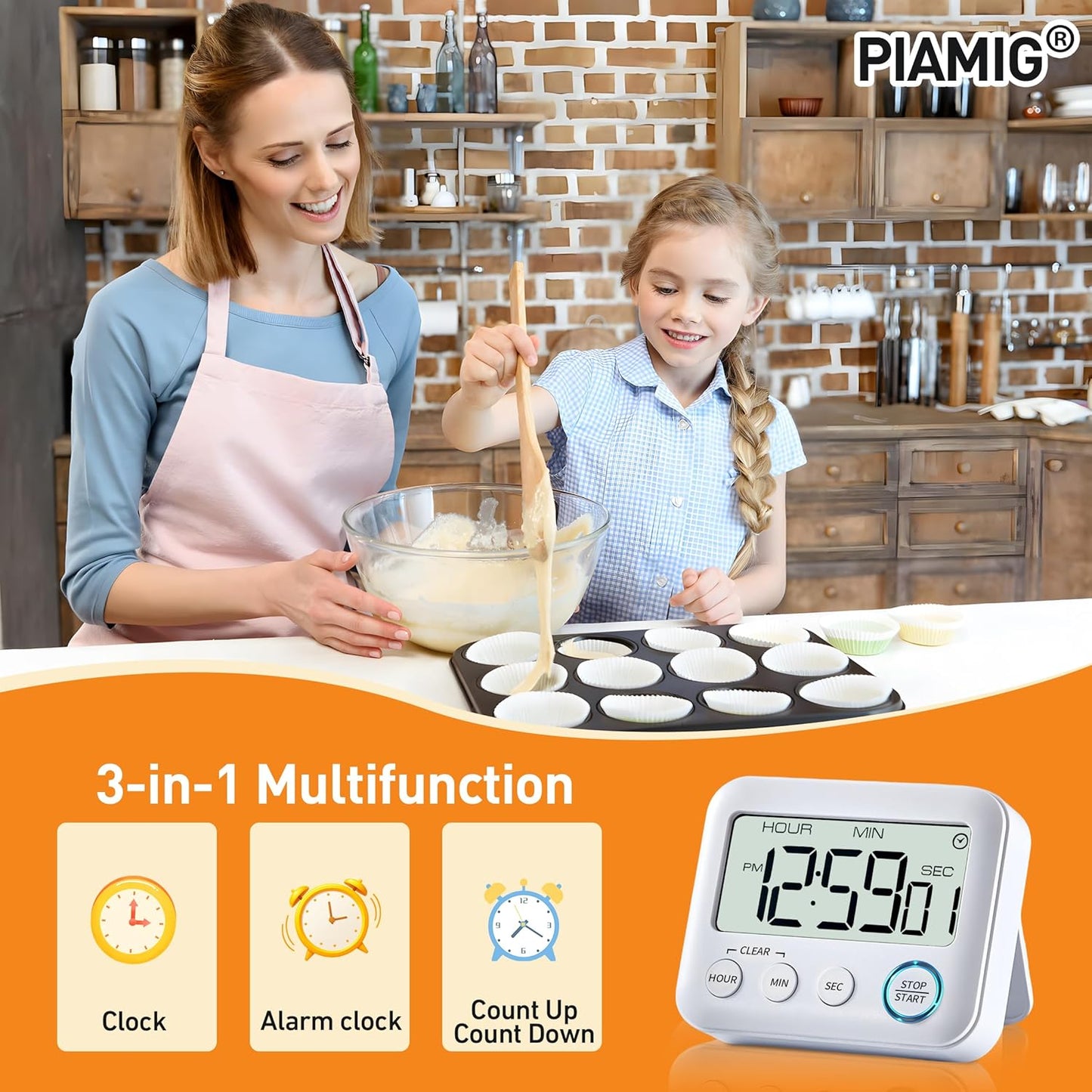 Digital Kitchen Timer Alarm Clock for Cooking, Large LCD Display Multi-Function, Strong Magnetic with Loud Alarm, Digital Timer for Kids,Teachers,Classroom, Exercise or Work (White)