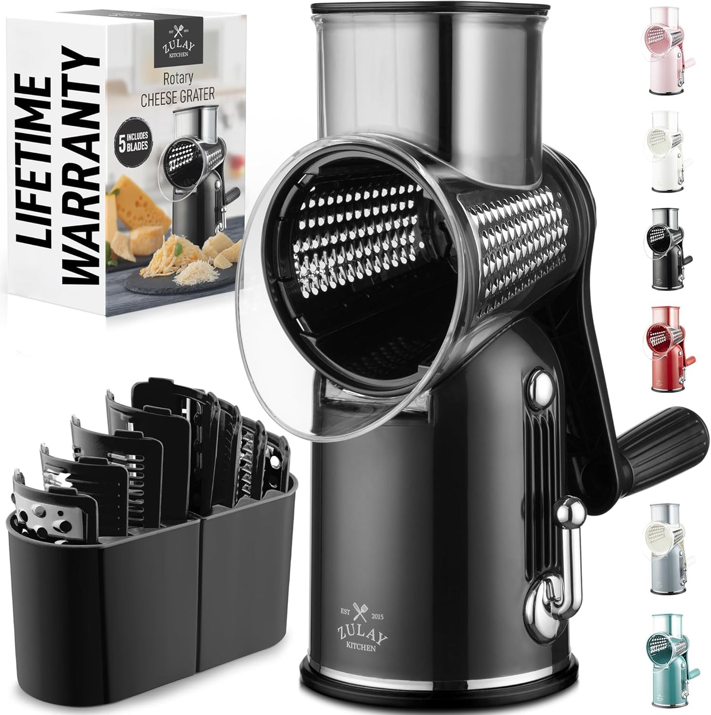 Zulay Kitchen Rotary Cheese Grater 5 Blade Cheese Shredder - Manual Hand Crank Cheese Grater With Reinforced Suction & 5 Interchangeable Drums - Easy to Use, Vegetable Chopper Round Mandoline Slicer - Colors B
