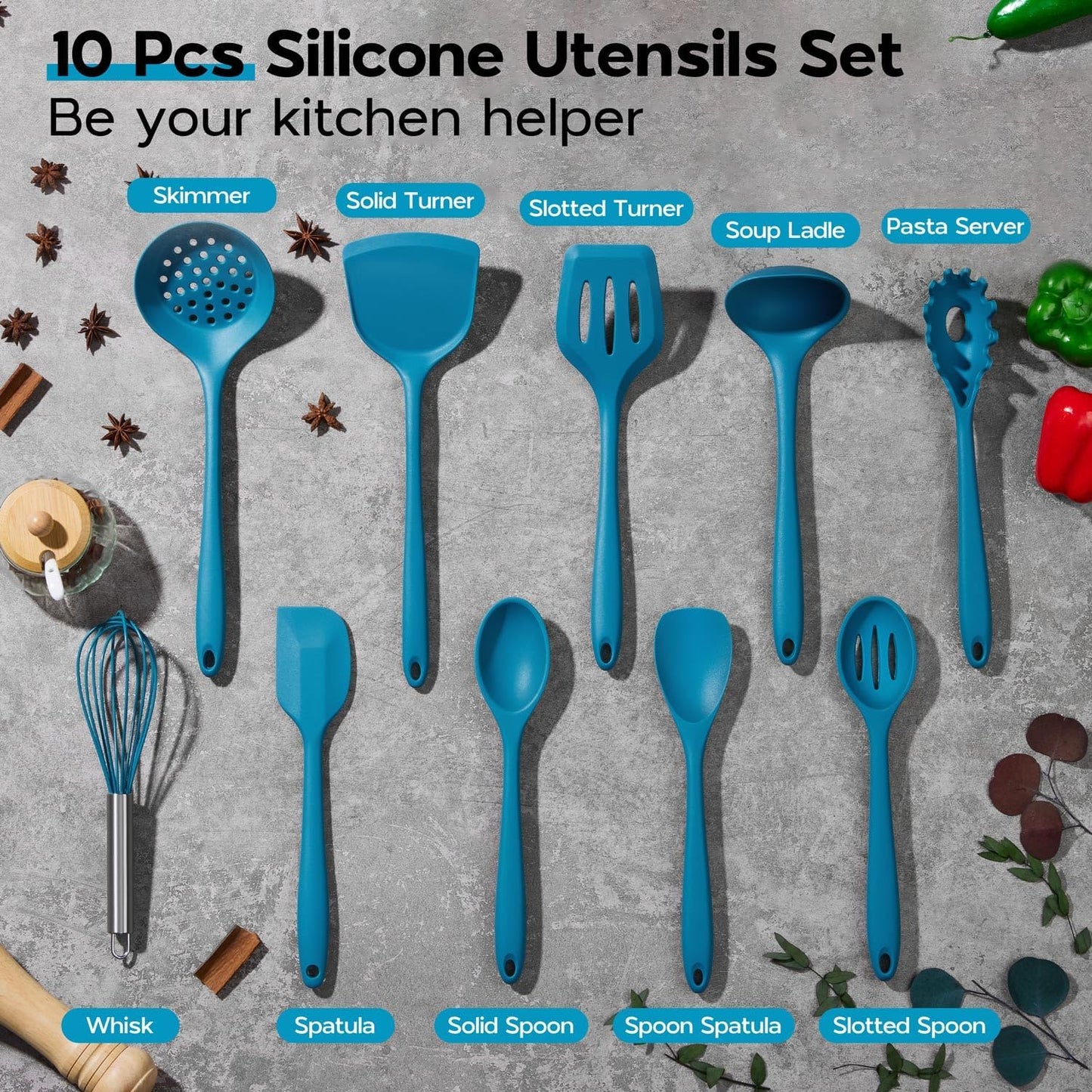 Onader Silicone Cooking Utensils Set of 10, Kitchen Utensils for Nonstick Cookware, Heat Resistant & Nontoxic Spatula Set- Khaki