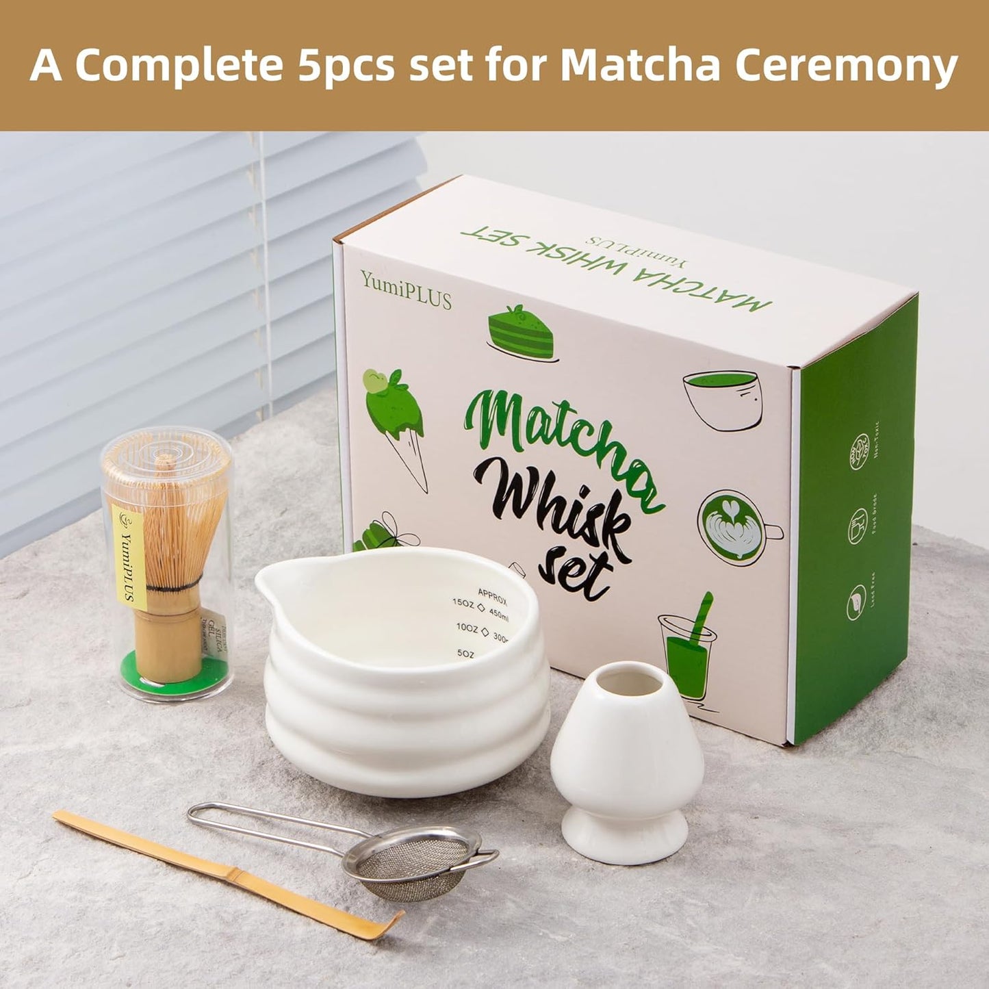 5pcs Premium Matcha Set,Ceramic Bowl with Spout and Bamboo Whisk set, Ceremonical Matcha Kit for breakfast/latte,Tea Starter Making Kit,Unique Matcha Gift set (pink love)