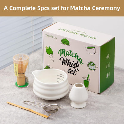 5pcs Premium Matcha Set,Ceramic Bowl with Spout and Bamboo Whisk set, Ceremonical Matcha Kit for breakfast/latte,Tea Starter Making Kit,Unique Matcha Gift set (pink love)