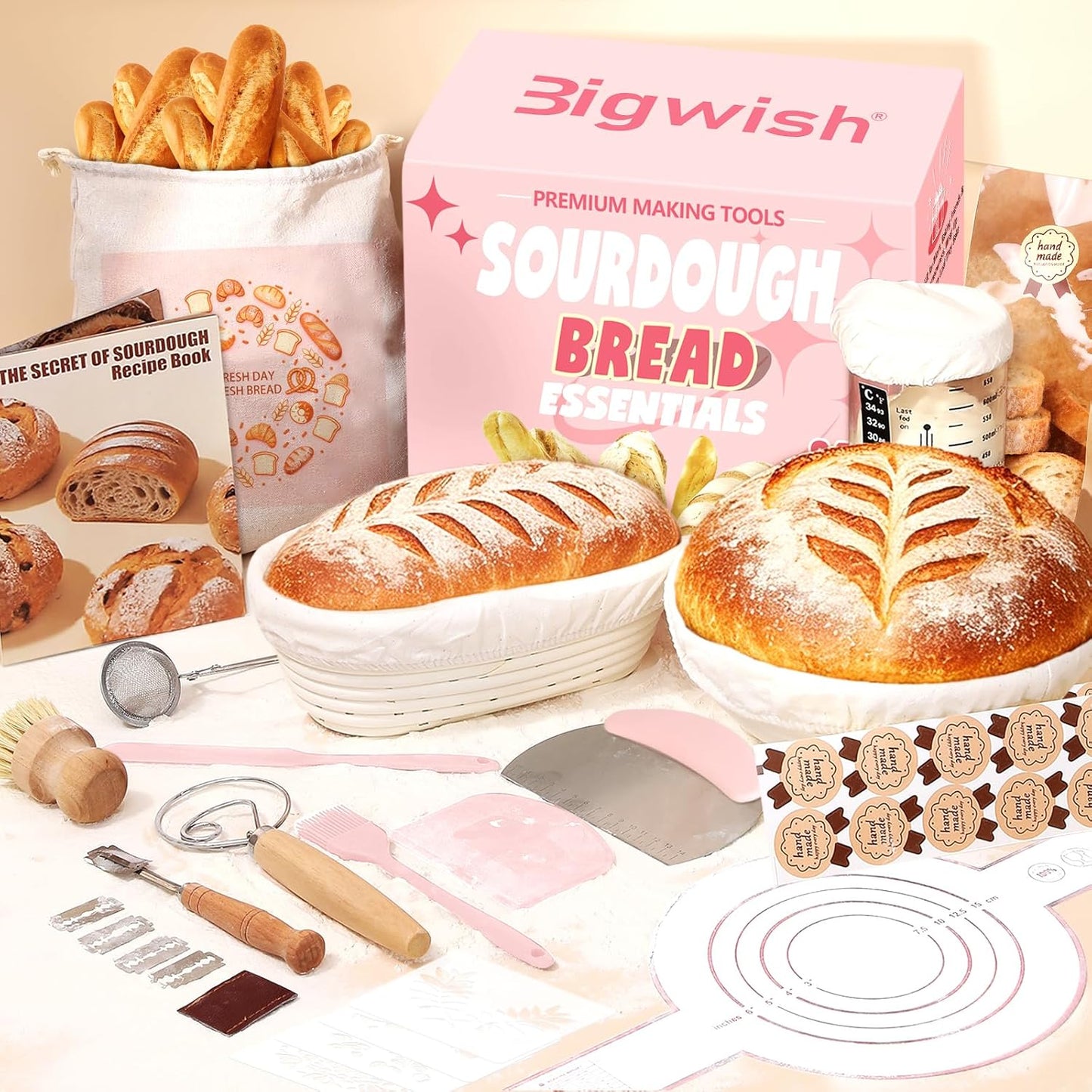 Sourdough Starter Kit for Beginners – Complete Sourdough Kit with Banneton Basket, Bread Lame with Blades, Starter Jar, Bread Stencil, Dough Scraper & Recipe Guide – Sourdough Bread Making Kit