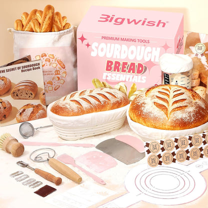 Sourdough Starter Kit for Beginners – Complete Sourdough Kit with Banneton Basket, Bread Lame with Blades, Starter Jar, Bread Stencil, Dough Scraper & Recipe Guide – Sourdough Bread Making Kit