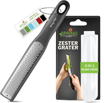 Spring Chef Premium Lemon Zester Grater with Handle - Fruits, Garlic, Chocolate, Nutmeg, Ginger Grater - Heavy Duty Kitchen Tool - Stainless Steel Citrus Zester with Blade Cover - Fine Shred, Black
