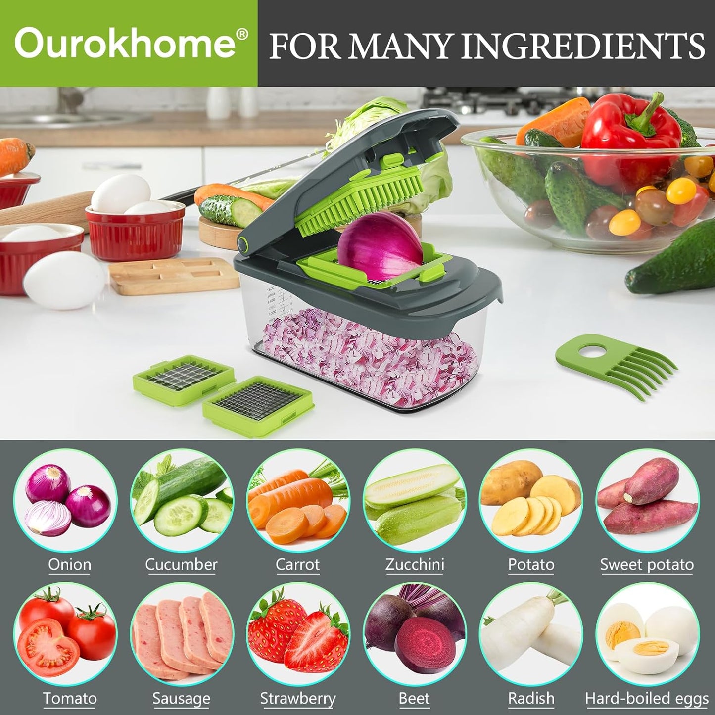 Ourokhome Veggie Chopper and Dicer with Container, Manual Hand Food Mandolin Slicer with 4 in 1 Handheld Vegetable Spiralizer for Zucchini, Potato, Onion, Essential Kitchen Gadgets (12 in 1, Gray)