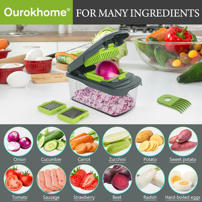 Ourokhome Veggie Chopper and Dicer with Container, Manual Hand Food Mandolin Slicer with 4 in 1 Handheld Vegetable Spiralizer for Zucchini, Potato, Onion, Essential Kitchen Gadgets (12 in 1, Gray)