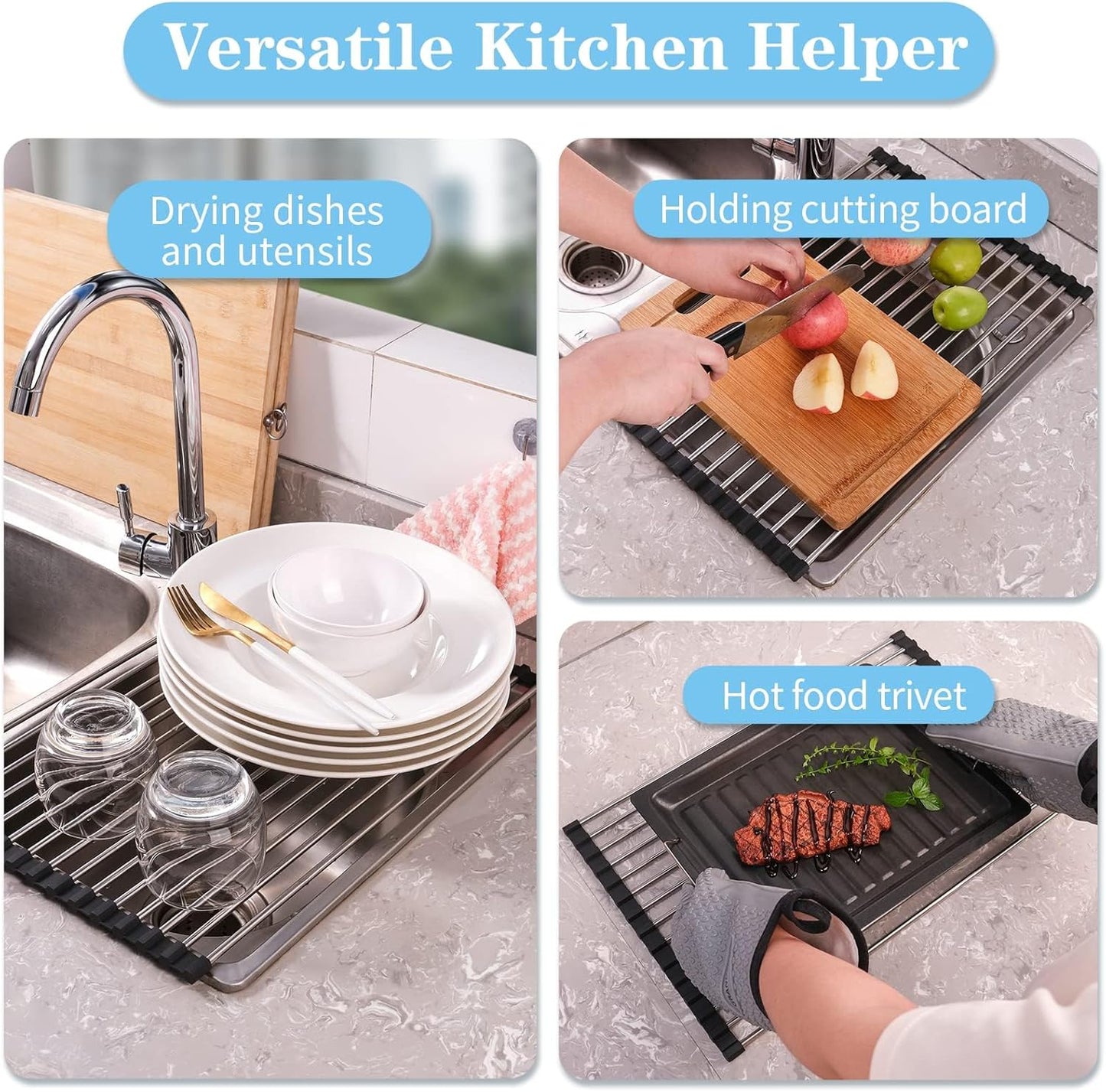 Seropy Roll Up Dish Drying Rack Over The Sink for Kitchen Sink Drying Rack Folding Dish Drainer Mat Rolling Dish Rack Sink Rack Stainless Steel Kitchen Dry Rack Black 17.5x15.7 Inch
