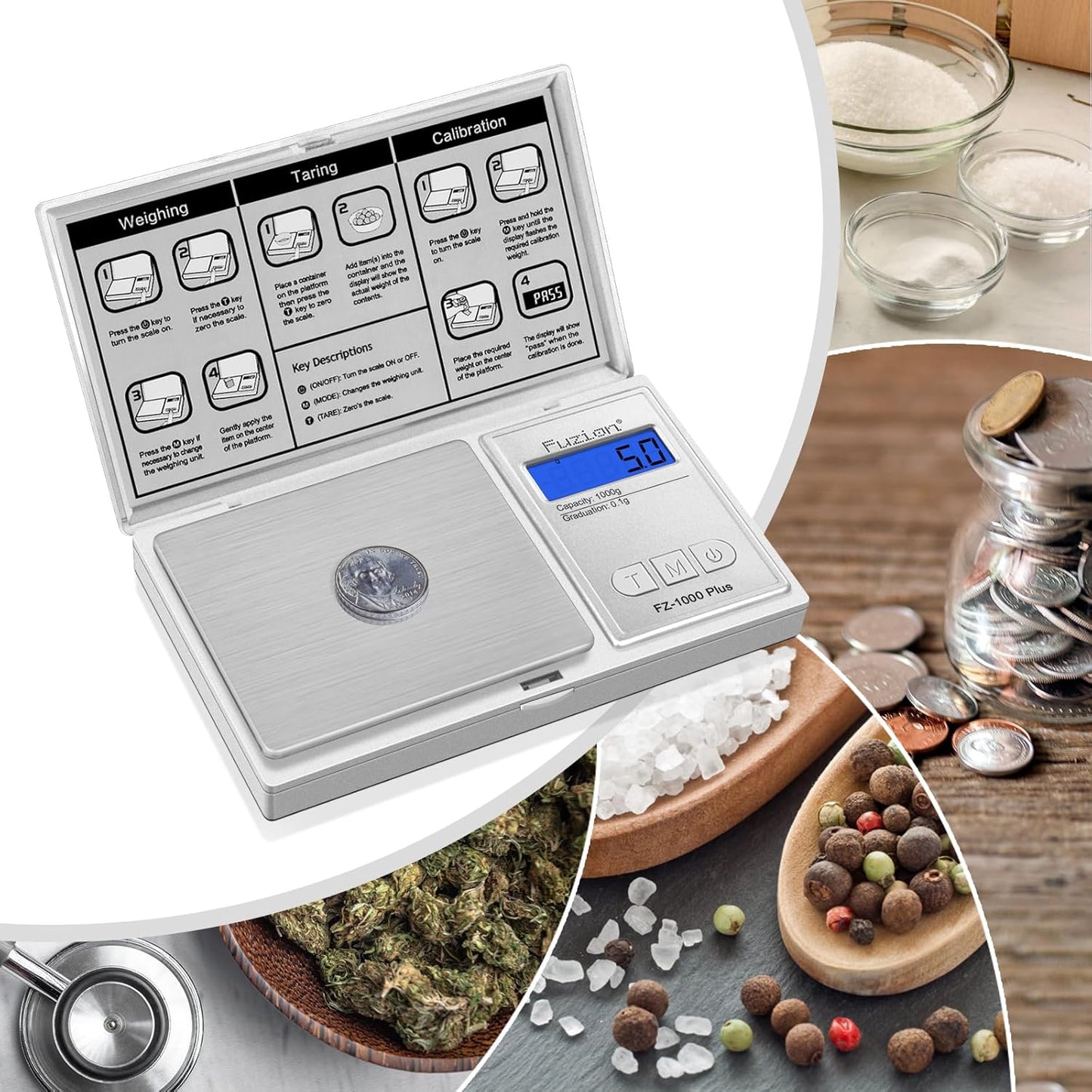 Fuzion Digital Pocket Gram Scale 1000g/0.1g, Small Digital Scales Grams Ounces Grains, Herb Scale, Jewelry Scale, Portable Travel Food Scale