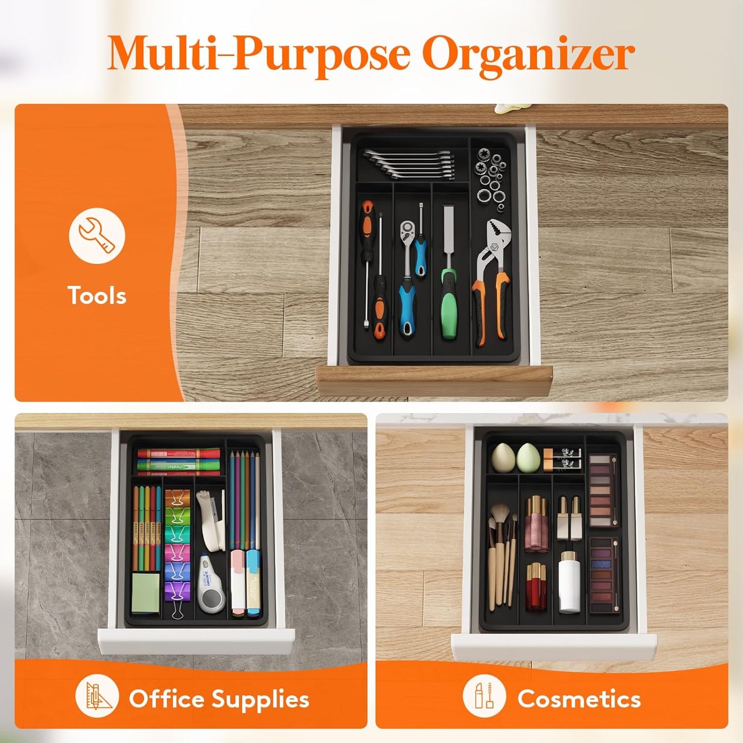 Lifewit Silverware Drawer Organizer Tray, Plastic Cutlery Storage for Kitchen, Flatware and Utensil Holder Divider for Spoons Forks Knives Tableware, 9.1 x 12.6", 5 Slots, Black