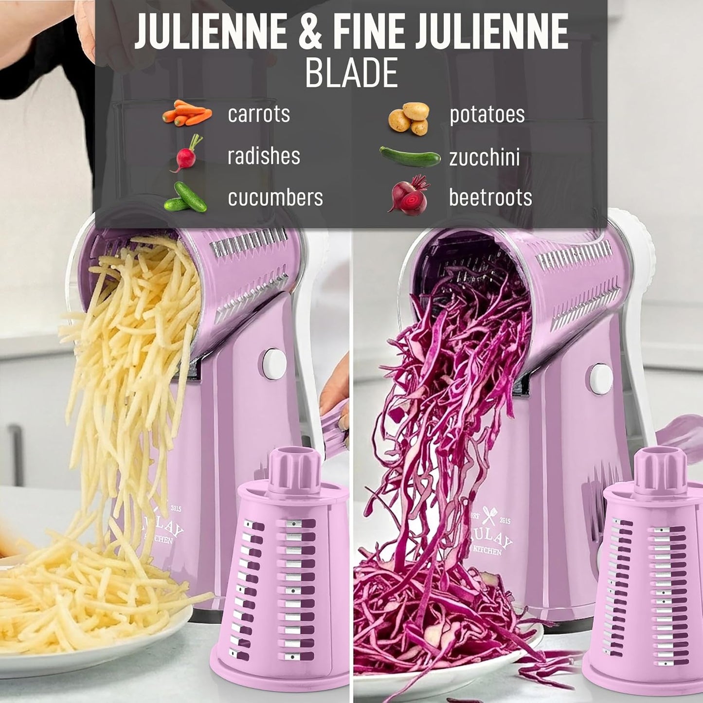 Zulay Kitchen Rotary Cheese Grater 5 Blade Cheese Shredder - Manual Hand Crank Cheese Grater With Reinforced Suction & 5 Interchangeable Drums - Easy to Use, Vegetable Chopper Round Mandoline Slicer - Colors B
