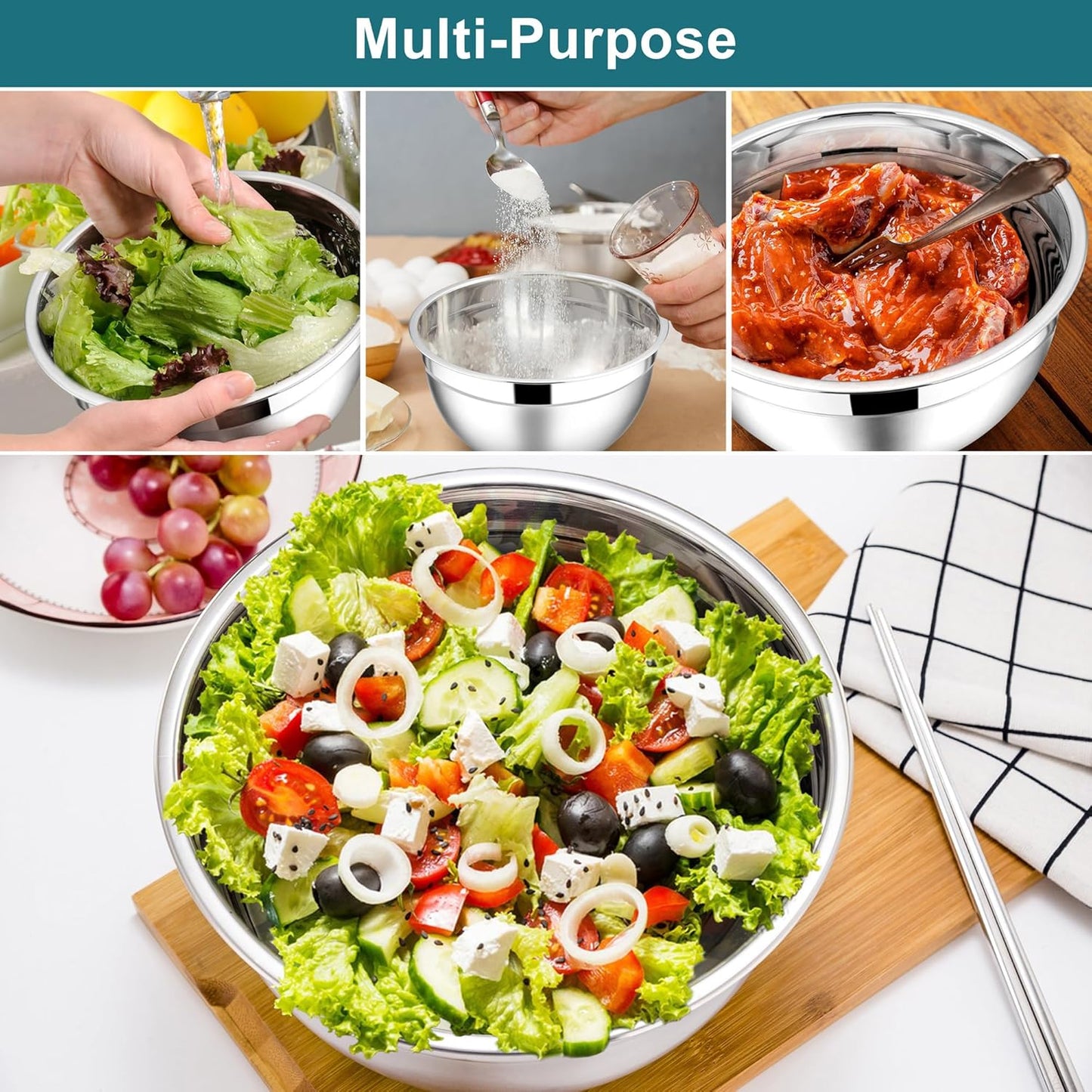 E-far Mixing Bowls with Lids, 6-Piece Stainless Steel Salad Bowls Metal Nesting Bowls for Baking Cooking and Prepping, Airtight Lids & Stackable Design, Size 4.5, 3, 1.5 QT (Black)