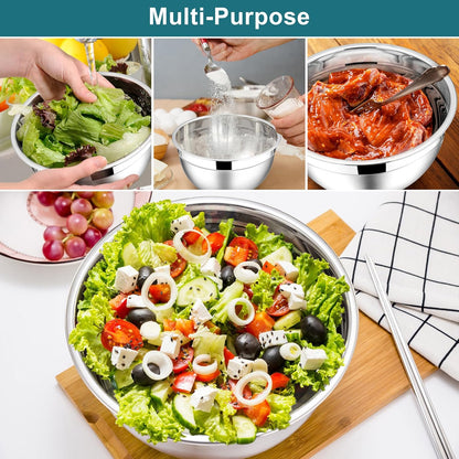 E-far Mixing Bowls with Lids, 6-Piece Stainless Steel Salad Bowls Metal Nesting Bowls for Baking Cooking and Prepping, Airtight Lids & Stackable Design, Size 4.5, 3, 1.5 QT (Black)