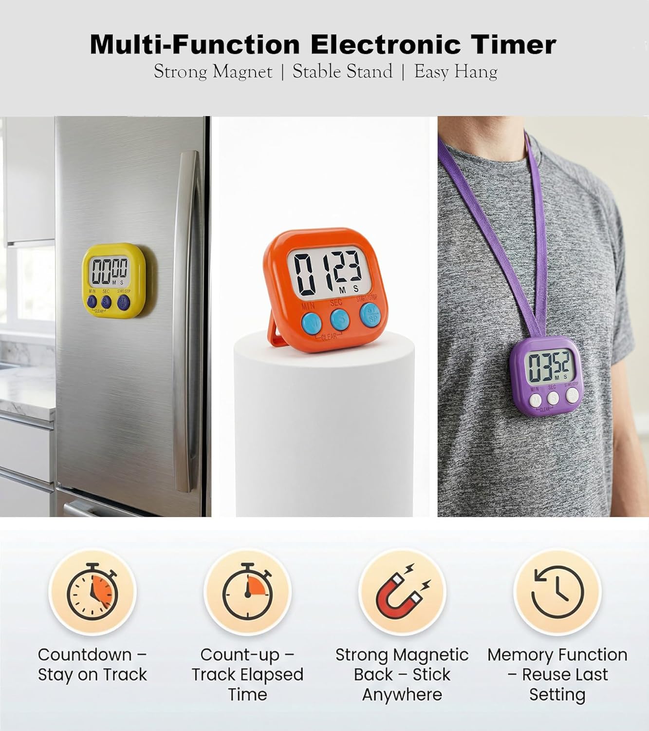 Digital Timer for Classroom Teachers Students, Magnetic Kitchen Countdown Timer, Easy Timers for Kids Homework Study Cooking Gym Game, 6 Pcs