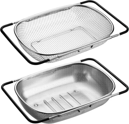 Tioncy 2 Pcs Large Over The Sink Colander, 6 Quart Stainless Steel Colander with Fine Mesh or Grid, Strainer Basket with Expandable Rubber Handles, Strain, Drain, Rinse Vegetable Fruit for Kitchen