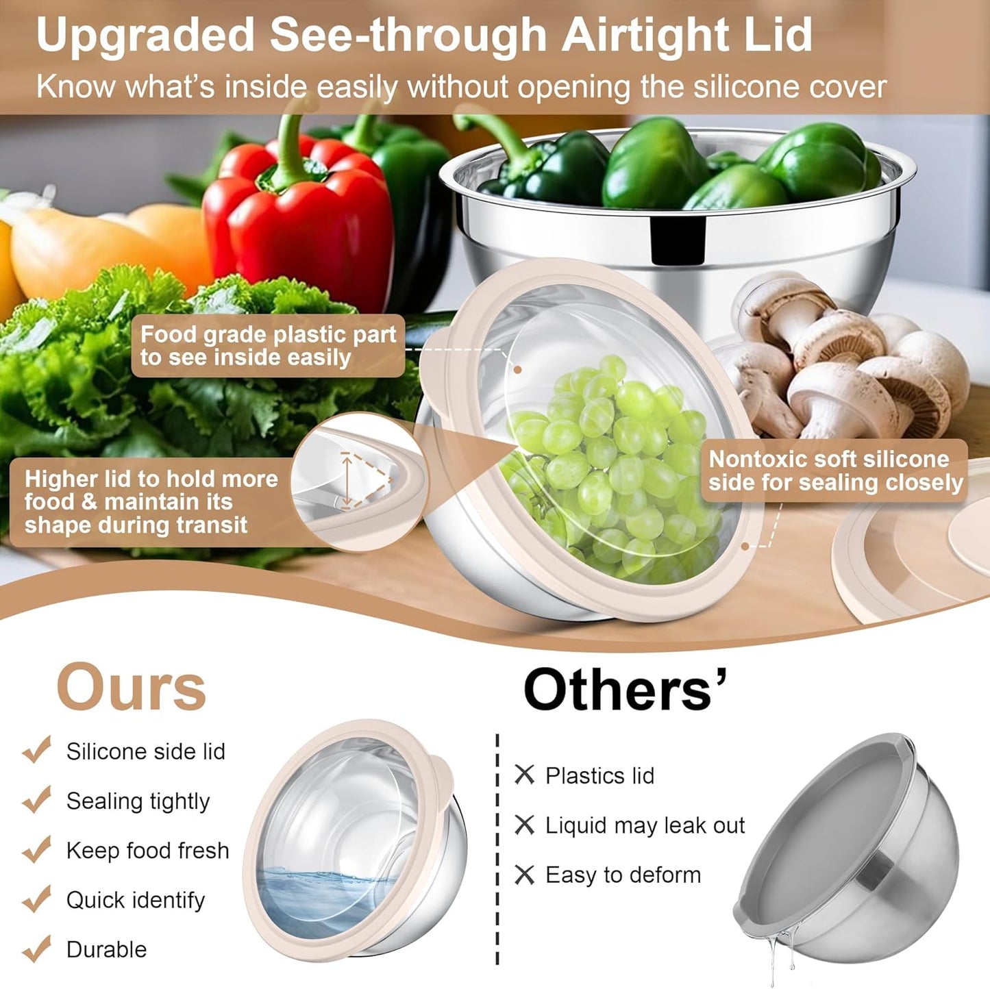 E-far Mixing Bowls Set of 5, Stainless Steel Salad Mixing Bowl with Transparent Lid, Metal Nesting Bowl Attach with 3 Graters for Kitchen Prepping/Serving/Baking/Storage, 4.6/2.6/1.5/1/0.7 QT - Khaki