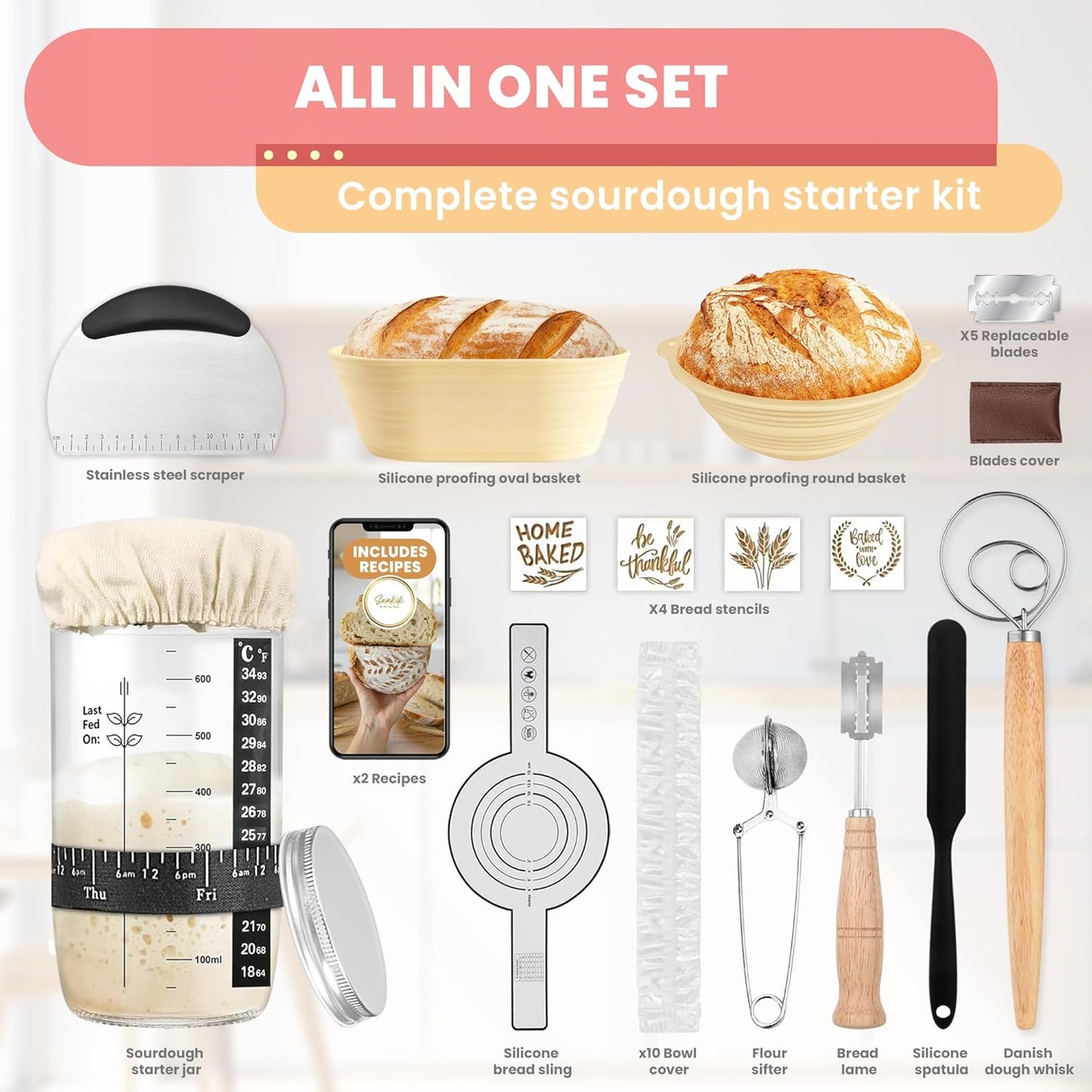 Complete Sourdough Starter Kit, Sourdough bread baking supplies, Great Gift Beginners Bread Makers 24oz Fermentation Jar 9" and 10" Silicone Banneton Bread Proofing Basket, sour dough Whisk,18 in 1