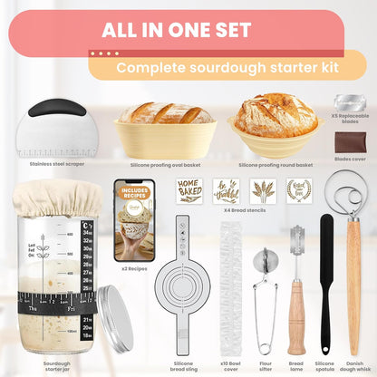 Complete Sourdough Starter Kit, Sourdough bread baking supplies, Great Gift Beginners Bread Makers 24oz Fermentation Jar 9" and 10" Silicone Banneton Bread Proofing Basket, sour dough Whisk,18 in 1