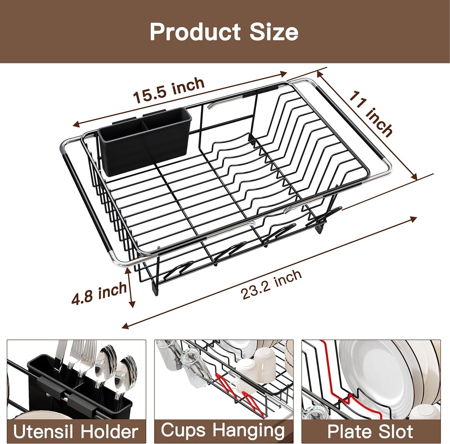 Over the Sink Expandable Dish Drainer Drying Rack In Stainless Steel for Small Kitchen, Counter Space Saving Modern Compact Metal Above Plate Dryer Strainer, Adjustable Hanging Inside Drain Holder