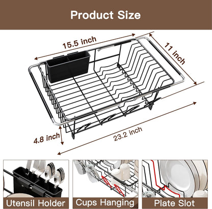 Over the Sink Expandable Dish Drainer Drying Rack In Stainless Steel for Small Kitchen, Counter Space Saving Modern Compact Metal Above Plate Dryer Strainer, Adjustable Hanging Inside Drain Holder