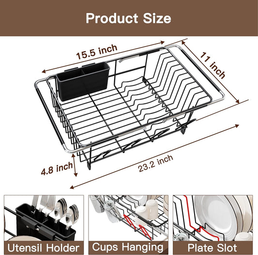 Over the Sink Expandable Dish Drainer Drying Rack In Stainless Steel for Small Kitchen, Counter Space Saving Modern Compact Metal Above Plate Dryer Strainer, Adjustable Hanging Inside Drain Holder