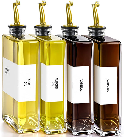 Spaceneat Olive Oil Dispenser Bottle - Includes 44 Kitchen Essential Labels - Cooking Oil Bottles for Kitchen, Coffee Syrup Dispenser - Pourer Spout with 11.8 fl oz Glass Container Cruet - 4pcs, Gold