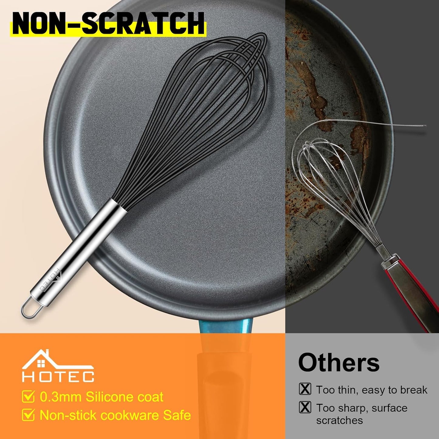 HOTEC 4 Pieces Silicone Whisks Set, Wire Balloon Whisks for cooking Egg Beater, Non-slip Handle Whisk for Non-stick Cookware Perfect for Cooking, Stirring, Beating and Blending (Multicolor)