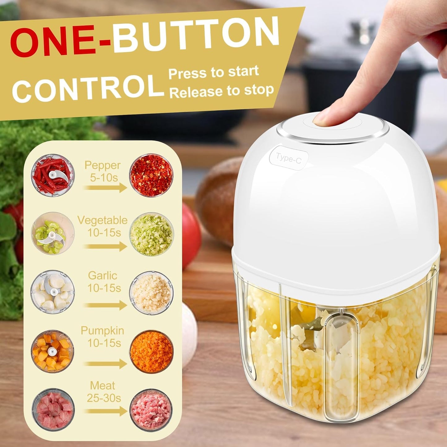 450ML (1.8 Cup) Electric Garlic Chopper, Mini Portable Food Processor, Garlic Grinder Masher for Onion, Ginger, Chili, Fruit, Vegetable, Meat