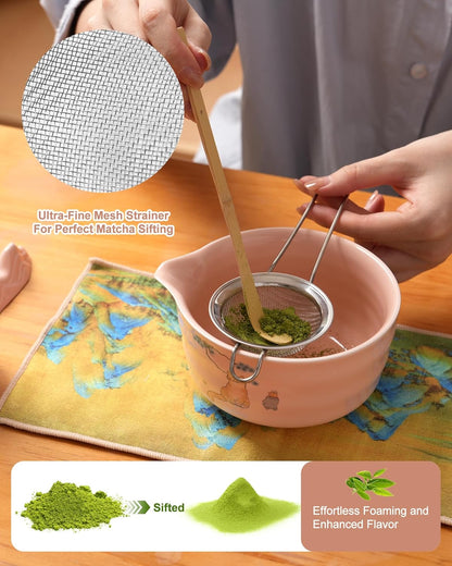 Matcha Whisk Set, Japanese Matcha Kit Set 7-Pcs with Matcha Bowl (Chawan), Matcha Whisk and Holder, Bamboo Scoop, Scoop Rest, Sifter and Tea Towel - Authentic Tea Ceremony Tools for Tea Lovers(Blue)