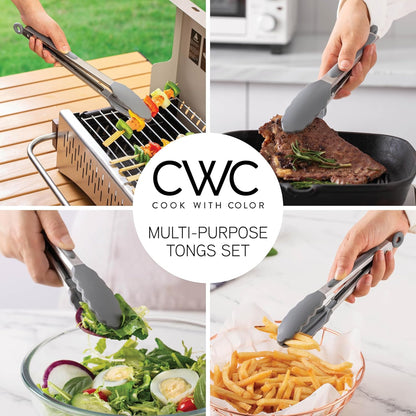 COOK WITH COLOR Stainless Steel Silicone Tipped Kitchen & BBQ Tongs Set, 3 Pc Utensils, Grey