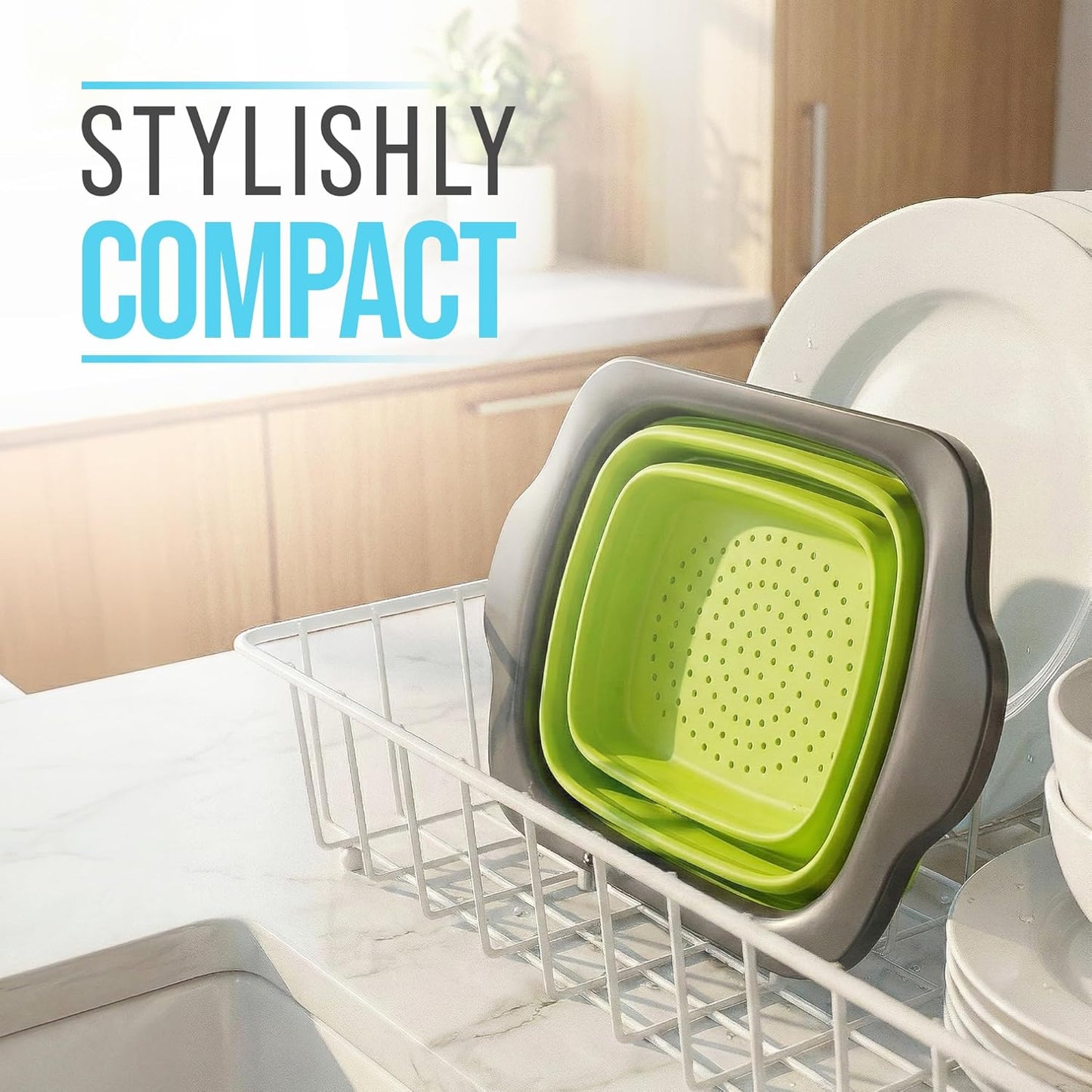 Comfify XL Large Kitchen Strainer - Collapsible Silicone Over - The-Sink Colander with Extendable Handles - Use with Pasta, Fruit, Berries & Veggie - 6 Quart - Blue